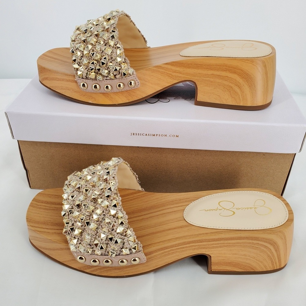 Jessica Simpson Womens 6.5M Rell Heeled Jewel Sandal Natural Crochet Block Heel